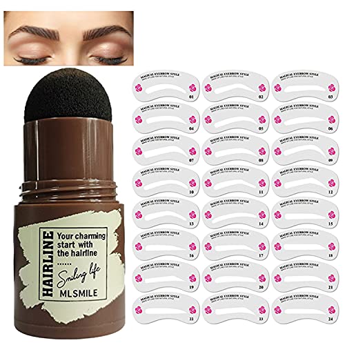 One Step Eyebrow Stamp Shaping Kit, Eyebrow Powder Stamp Waterproof, Brow Stamp Shaping Kit Eyebrow Definer, with 24 Reusable Eyebrow Stencils, Hairline Shadow Powder Stick for Women (Brown Black)