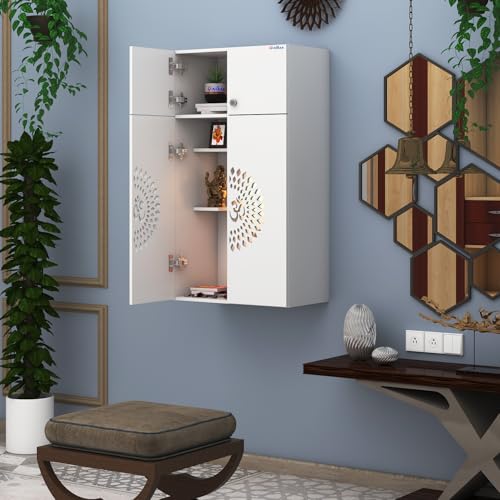 Image of Anikaa OMYA Engineered Wood Home Temple Wall Mount & Floor Standing Wooden Modern Pooja Mandir with LED Light, Om Laser Cut Design | Storage Cabinet with Hinge Doors (White, DIY Installation)