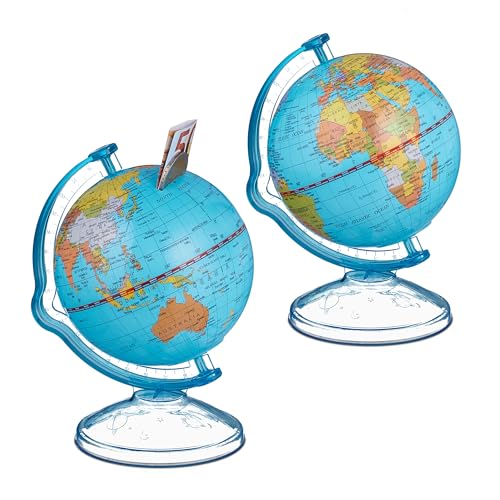 Relaxdays Salvadanaio Mappamondo, Set 2 Salva Danaro Regalo Viaggio Matrimonio 16,5x14x13cm, Travel Money Jar, Colorato