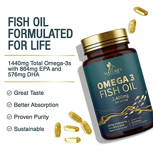 Fish Oil 2400 Mg With Omega 3 Epa & Dha - Triple Strength Omega 3 Supplement - Omega 3 Fish Oil Supports Heart Health, Nature's Brain & Immune Support - Non-Gmo Fish Oil Supplements - 60 Softgels #TOP2