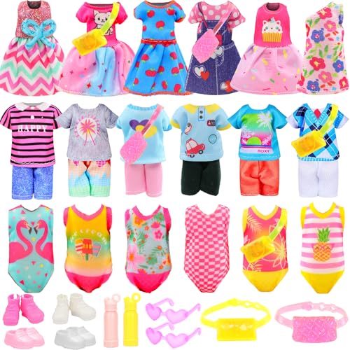 22 Pcs Mini 5 inch Doll Clothes and Accessories Including 4 Sets Fashion Dresses 4 Casual Tops and Pants Outifits 4 Swimsuits with 4 Shoes 2 Glasses 2 Shoulder Bag for 5-5.3 Inch Dolls