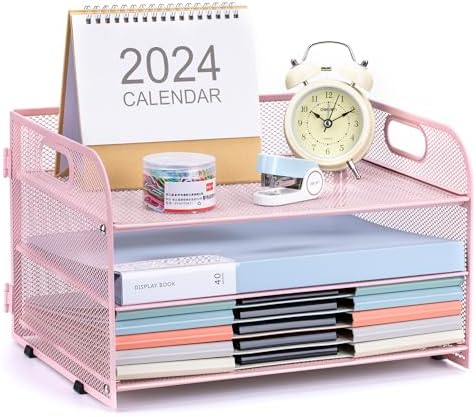 3-Tier Letter Tray Paper Organizer with Handle,Compact Mesh Desk File Organizer for Home Office Supplies Desktop Accessories,Pink