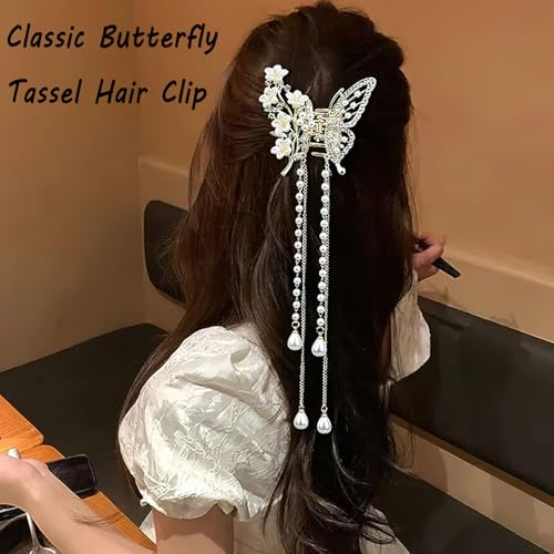 Pinza de cabello mariposa con borlas y perlas blanca miniatura 3