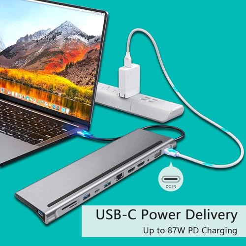 Image of USB C to 12 in 1 HUB Dock MST, Aluminium Type C Station 2* HDMI Port, 1* VGA, RJ45, 3 USB 3.0 Ports, 1 3.5mm Audio, USB-C Power Delivery, TF /SD Slot for Laptops /MAk (12 in 1 Dual HDMI Adapter)