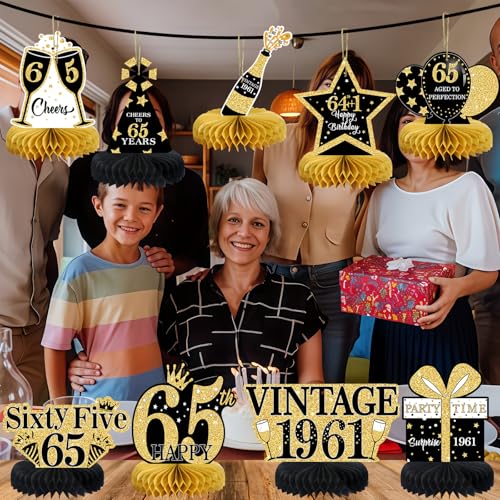 Image of 9Pcs 65th Birthday Decorations Honeycomb Centerpieces for Men Women, Black Gold Happy 65th Birthday Centerpieces Tables Toppers Party Decorations Supplies, Vintage 1961 Aged Table Sign Decor