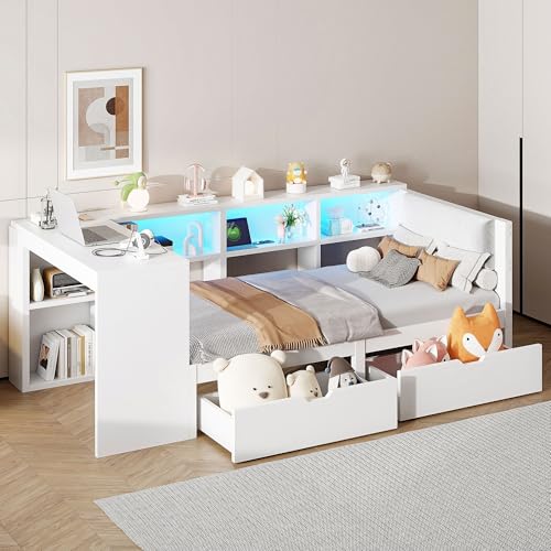 Cama de madera con plataforma de 90 x 200 cm, con estantes, cajones, base de carga y cabecero acolchado, con luces LED de colores, color blanco