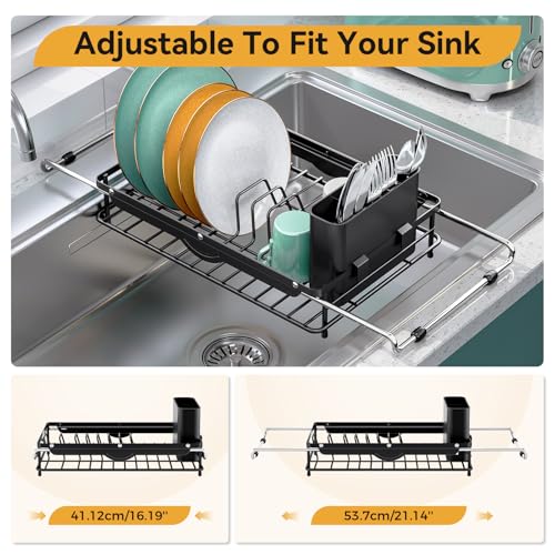 Image of Over the Sink Dish Drying Rack,In Sink Dish Drying Racks,Expandable Dish Rack Over Sink Counter,Adjustable Dish Drainer for Inside Sink with Utensil Holder, Stainless Steel Dish Strainer Compact Size