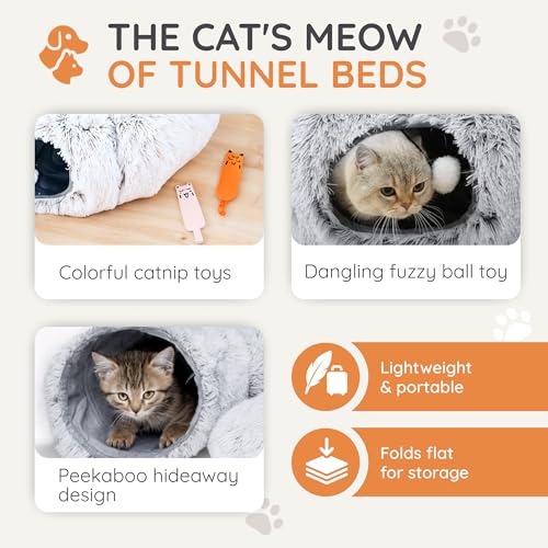 Image of 3-in-1 Cat Tunnel Bed - Cat Tunnels & Cat Beds for Indoor Cats with Catnip Toys - Cat Bed Cave & Peekaboo Cat Hideaway - Foldable Interactive Cat, Kitty & Kitten Toys