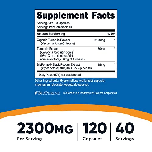 Nutricost Turmeric Curcumin With Bioperine And 95% Curcuminoids, 2300Mg, 120 Capsules, Veggie Capsules, 767Mg Per Cap, 40 Servings, Gluten Free, Non-Gmo #TOP1