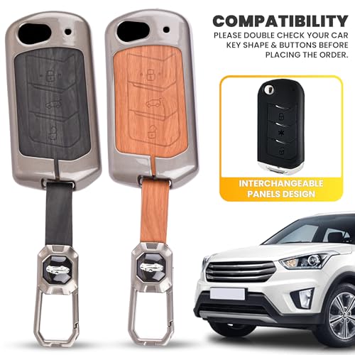 Image of Car Key Cover Compatible with Mahindra Scorpio, Marazzo | Xuv 300, Xuv 700 | Xuv 400 Ev | Bolero | Thar | Tuv 3-Button Smart Flip Key (Dual Leather Metal (Black & Brown))