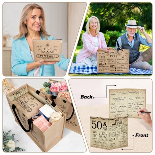Image of YeohJoy 50th Birthday Gifts for Women Jute Tote Bag, Vintage 1975 Burlap Bag with Cosmetic Bag and Back in 1975 Poster, Unique 50 Years Old Gifts for Mom Friends Wife Sister Her