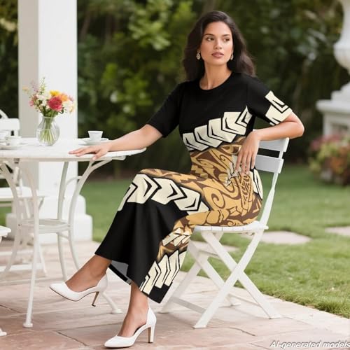 Image of Puletasi Polynesian Tribal Clothing Two Piece Skirt Set for Women Outfits Short Sleeve Top High Waist Midi Skirt