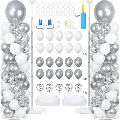 Image of 2 Sets Silver and White Balloon Column Stand Kit with 100 Balloons Silver Balloon Tower Stand with Bases for Floor Confetti Balloons Column Kit for Wedding Graduation Birthday Disco Prom Party Decor