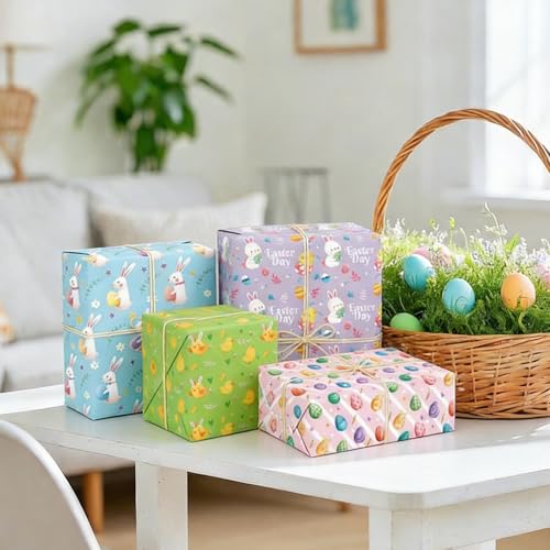 12 Blätter Geschenkpapier Ostern Geschenkpapier 68 X 50 Cm, Abwechslungsreichen Stilen, Klaren Mustern und Dicken Materialien, mit Schere und Band, Geeignet für Ostergeschenke, Geburtstage, Partys usw