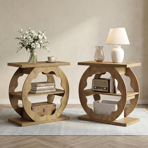 Image of Tribesigns End Table Set of 2, Narrow Side Table with Storage, 3-Tier Couch End Table Bedside Tables for Small Spaces, Bedroom, Natural Oak