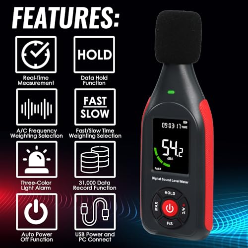 Schallpegelmessgerät, Schallpegelmesser, dB-Messgerät, SPL, Echtzeit-Umgebungsgeräuschmessung, A/C-Frequenz, schnelle / langsame Zeitauswahl, 31.000 Datensätze