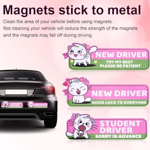 Image of 3pcs Magnetic Student Driver Stickers, Cat Novice Driver Magnet Adhesive Style Reflective New Driver Stickers Novice Driver Logo Gift for New Student Learner Driver Car Bumper Safety Sign