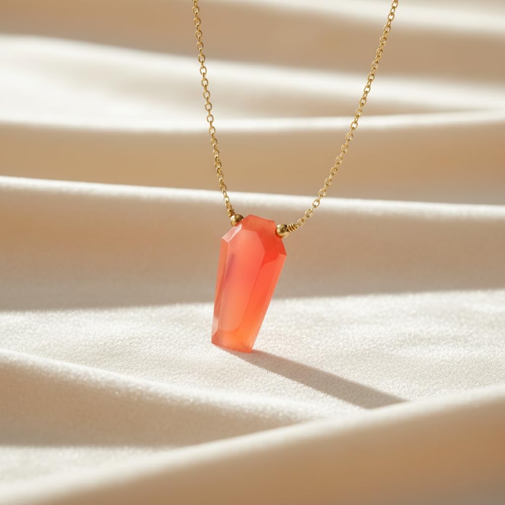 Natural Carnelian Geometric Coffin Pendant Necklace for Women | Gold Plated Hypoallergenic Motivation Crystal Jewelry | Sacral Chakra Stone Gift 16"+2" (Carnelian) - Image 2