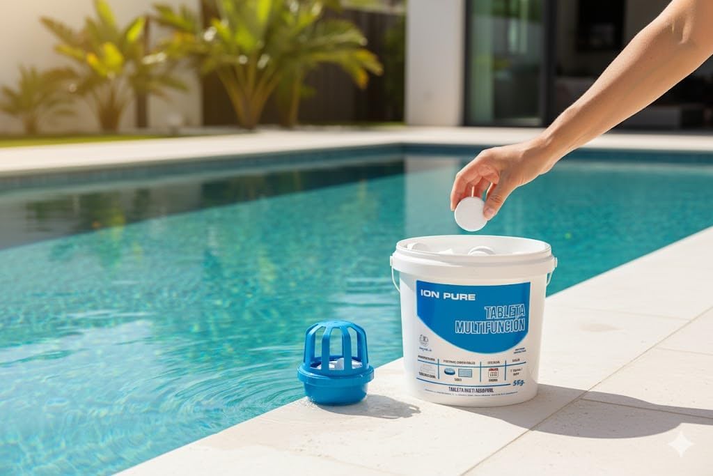 Cloro 5 ACCIONES Ion Pure (25 KG) - Pastillas de Cloro multifunción - Disolución Lenta - Apto Piscinas Liner