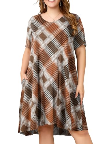 Image of OVERWORETY Womens Short Sleeve Plus Size T-Shirt Dress V Neck Casual Loose Swing A-Line Summer Tunic Dresses with Pockets