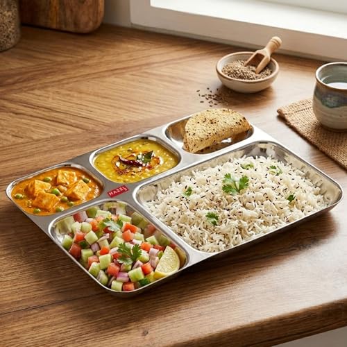 Image of HAZEL Stainless Steel 5 Compartment Section Plate | Divided Meal Tray for Kids & Adults | All-in-One Thali for Lunch, Dinner & Serving