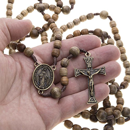 20 Decade Full Catholic Rosary 10-12mm Wood Beads 57" Long on Strong Cord Metal Miraculous Medal Center & Crucifix2