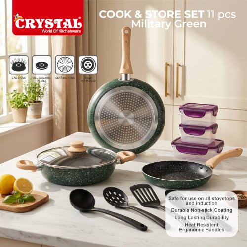 Image of Crystal Aluminum 11 Pcs Non Stick Cookware Set with Induction Bottom | Tawa, Fry Pan, Kadhai with Lid, 4 Serving Spoons, 3 Containers | 4 Layer Non Stick Coating | PFOA Free | Green