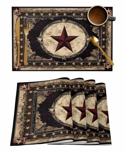 MACONAA Western Texas Star Placemats for Dining Table Set of 6, Rustic Vintage Place Mats for Kitchen/Dining, Non Slip, Durable, Washable Table Mats 13''x19'' Table Decor, Brown