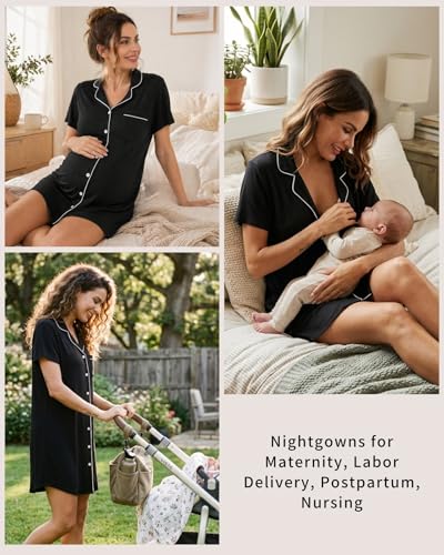 Image of Samring Pajama Nightgown for Women Short Sleeve Button Down Boyfriend Night Gown Nightdress Sleep Shirts