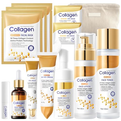 Collagen Kit Skincare, 13Piezas Cuidado Facial Mujer 9 en 1, Collagen Skin Care Kit Incluye Collagen Mask, Eye Cream, Tonico Facial, Facial Lotion, Limpiador Facial, Serum Facial, Hand Cream, Lip Balm