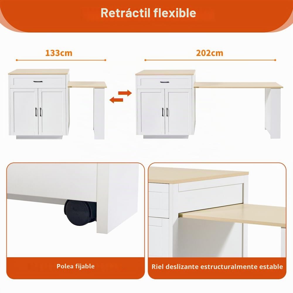 Sapgaks - Mesa de bar extensible con espacio de almacenamiento (133-202 × 70 × 93,5 cm), mesa de comedor extensible, isla de cocina para 2 a 6 personas, carrito de cocina con estantes laterales, color