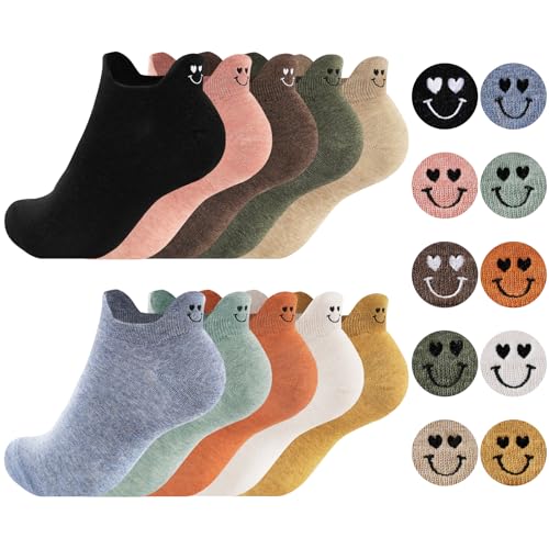 Effeet Lustige Sneaker Socken Damen 10 Paar Atmungsaktive Baumwolle Bunte Kurze Socken Damen 39-42 35-38 Witzige Sneakersocken mit Stickmustern Geschenke für Frauen Mama Freundin Smiley-Gesicht