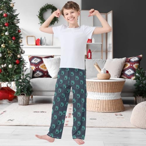 Boy's Pj Pants Green Line Cat Black Lounge Bottoms Elastic Kids Sweatpants Joggers with Pockets Size 6-142