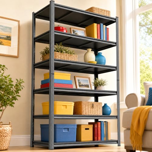Image of Black Metal 6 Tier Shelving Unit, Industrial Bookshelf Book Case Storage Rack for Living Room Bedroom Office Kitchen, Heavy Duty Steel Display Shelf Organizer for Books, Free Standing Tiered Shelves