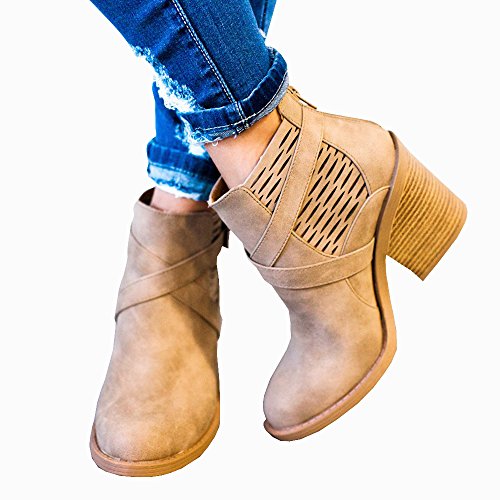 Younsuer Women's Autumn Winter Chunky Low Heel Chelsea Round Toe Faux Stacked Ankle Bootie