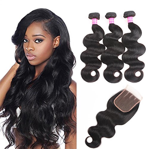 VRBest Brazilian Virgin Hair 3 Bundles With Closure 100% Unprocessed Human Hair Weave Extensions With Lace Closure Brazilian Body Wave (18 20 22 +16, Free Part)