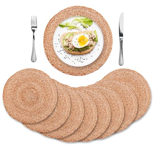 Image of Eco Crave Natural Jute Placemats Set of 8, Round Woven Table Mats, 13 Inch Rattan Charger Plates for Dinner, Boho Farmhouse Braided Place Mats