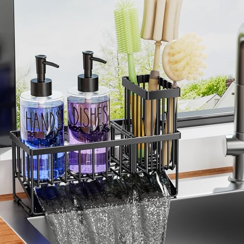 Image of MASADI Kitchen Sink Caddy with Dish Soap Dispenser Set, 12OZ Glass Bottle, Hand and Dish Soap Dispenser Set, Non-Slip Silicone Pad, Brush Holder, Kitchen Sink Organizer Countertop (Black+Clear)