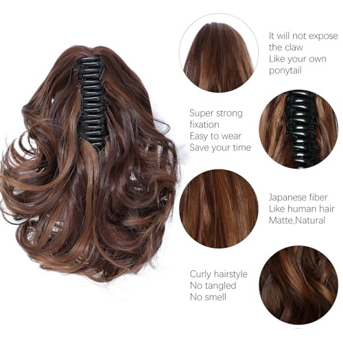 Yamel Ponytail Extension Short Cute Curly Wavy Dark Auburn and Light Auburn mixed Claw Jaw Clip in Synthetic Hairpiece Pony Tail Tale Ponytail Hair Extensions - Image 3