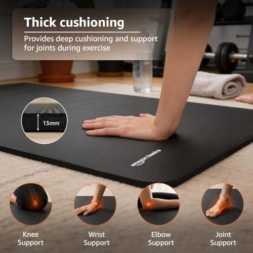 Image of Amazon Basics NBR Yoga & Exercise Mat Kit with Belt, Blocks & Towels | 13 mm Extra Thick Cushioned Support | Non-Slip Textured Surface | Ideal for Fitness & Home Workouts | 180 x 61 cm | Black
