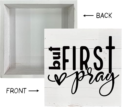 Miniatura 3 de Letreros de madera cristiana, pero primero rezar, decoración de caja, placa de bloque de madera rústica, letrero de mesa decorativo, decoración