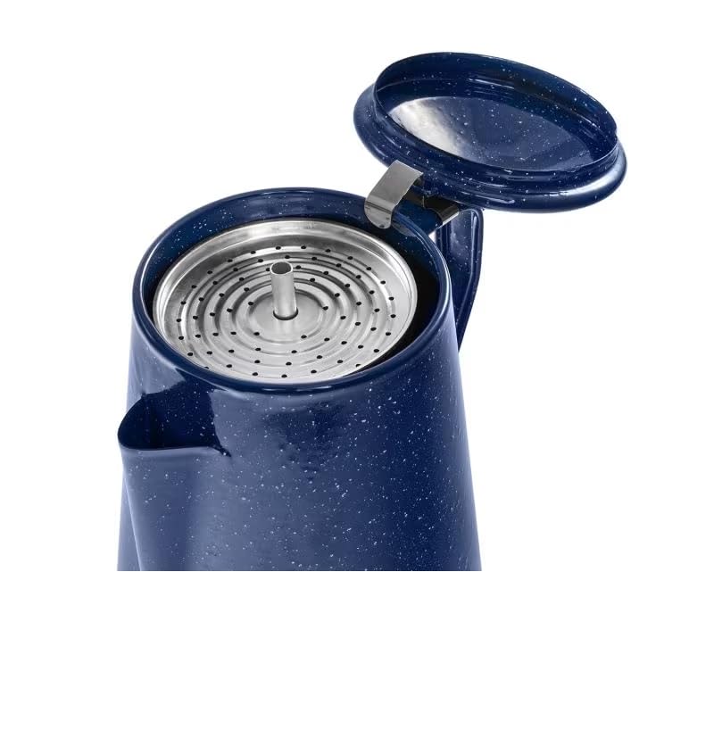 Cafetière en émail avec percolateur pour 12 tasses (2 l) Émaillé noir ou bleu + 2 cuillères à café Pour le camping et les déplacements Compact (bleu avec taches blanches)