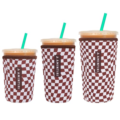 Image of 3 Pack Reusable Sleeve for Iced Coffee Cup, Coffee Neoprene Sleeve for Iced&Hot Drinks, Coffee Sleeve Compatible with Starbucks, Dunkin Coffee Cup. (Mocha Checker Board)
