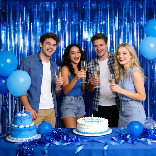 Image of 4 Pack Blue Fringe Backdrop 12.8x8.2 Feet Sparkle Metallic Tinsel Foil Fringe Curtain, Navy Blue Fringe Curtains Party Decorations for Christmas Birthday Graduation