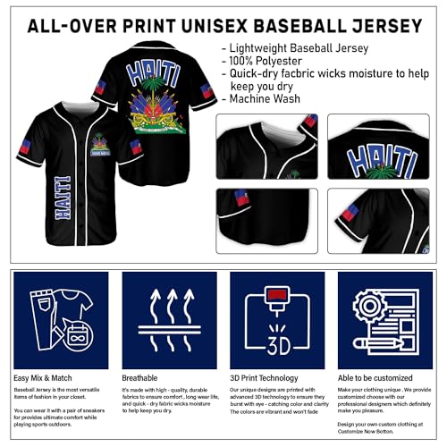 Ligthuy Personalized Name Haiti Baseball Jersey, Customized Haitian Baseball Jerseys for Men Women Haitian Flag Shirt 3D miniatura 5