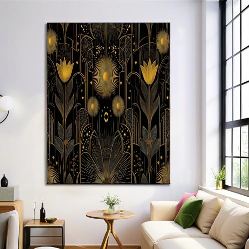 Lienzo de flor y cielo estrellado negro y oro 60x80cm elegante para salón
