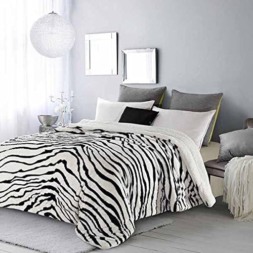 20 Lakes Plush Zebra Strip Sherpa Lined Blanket (Queen, White/Black)