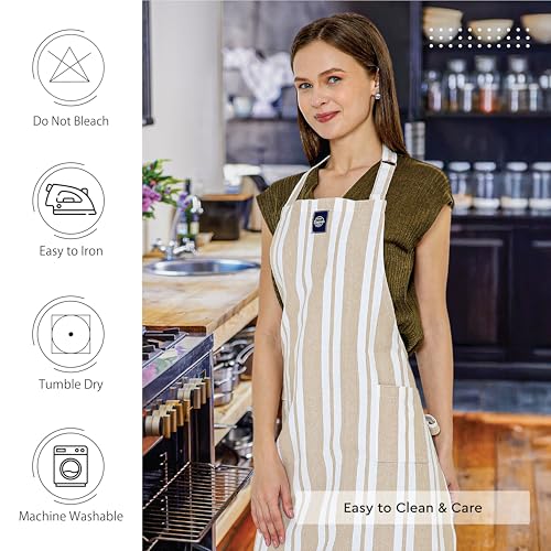 Image of Encasa XO Cotton Cooking kitchen Apron for Women and Men chef apron With adjustable neckstrap, Pocket & Towel Holder for Easy cooking, Baking, BBQ, Gardening- Franca Beige Stripes, 68x85 cm