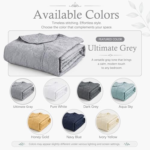Image of HZ & HY Oversized King Bedspread, Stitched Paisley Quilt Set King /Cal King, Lightweight Reversible Coverlet, Scalloped Edge - Modern Classic Look, 5 Piece, Ultimate Gray