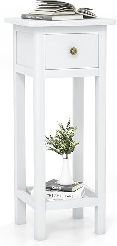 Miniatura 12 de Tangkula Mesa auxiliar estrecha de 2 niveles con cajón, mesa auxiliar alta de madera de acacia para espacios pequeños, mesita de noche delgada de